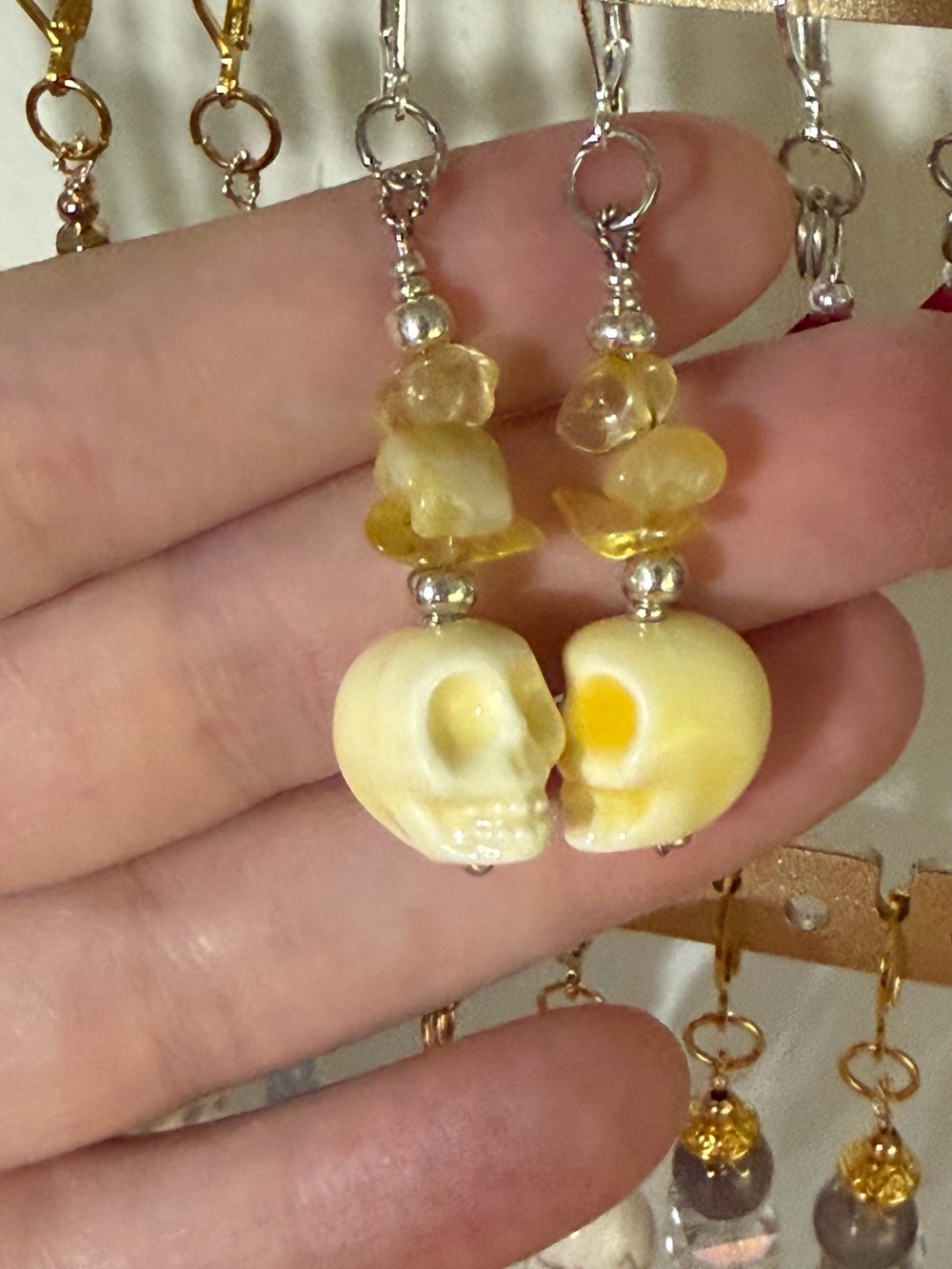 Yellow Skull Drop Earrings with Bead Accents